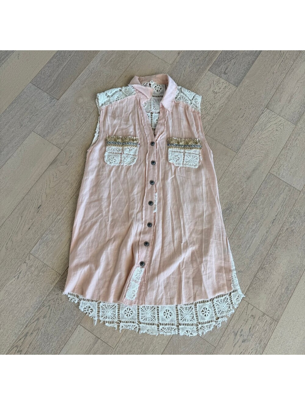 Pol Pink Folklore Vest Dress Cotton Sleeveless Button-Up Crochet Vacation S
